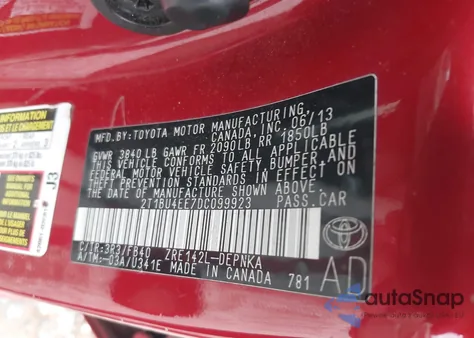 2013 Toyota Corolla Le from USA, damaged, VIN 2T1BU4EE7DC099923